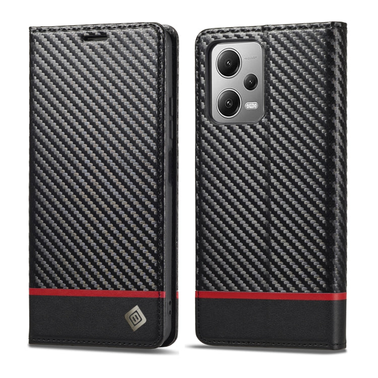 LC.IMEEKE carbon fiber texture flip case, black with red stripe, front and back view
