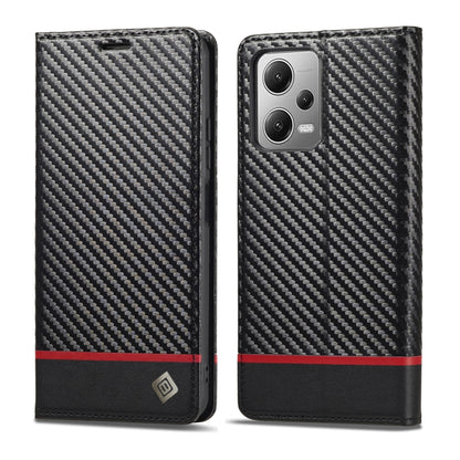 LC.IMEEKE carbon fiber texture flip case, black with red stripe, front and back view