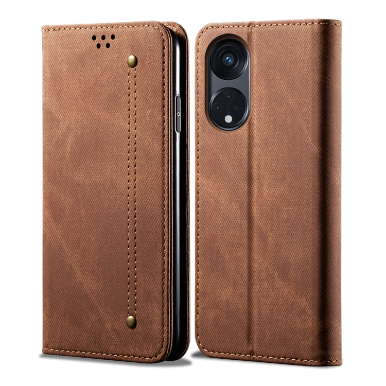 Brown denim-texture leather wallet phone case with stitching and camera cutout