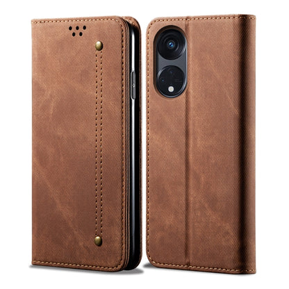 Brown denim-texture leather wallet phone case with stitching and camera cutout