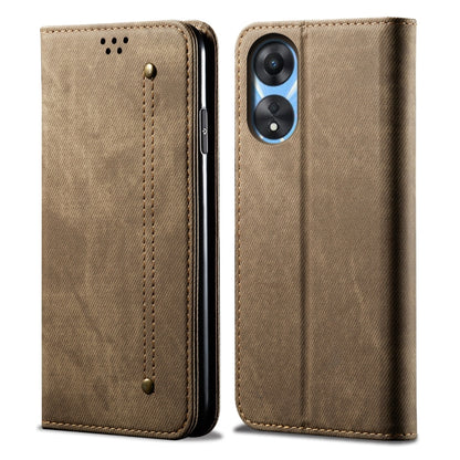 Khaki denim-texture leather wallet phone case set, front and back views