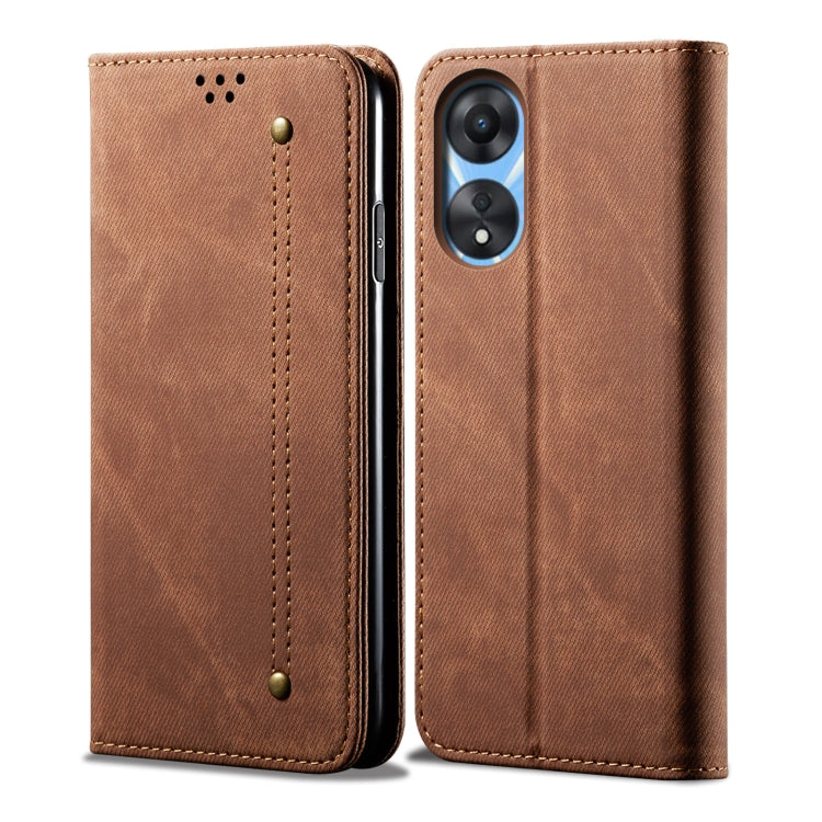 Brown denim-texture leather wallet phone case, front and back views