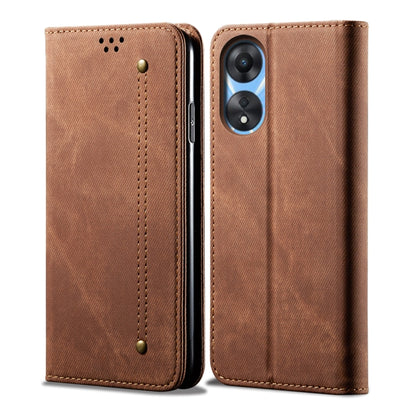 Brown denim-texture leather wallet phone case, front and back views