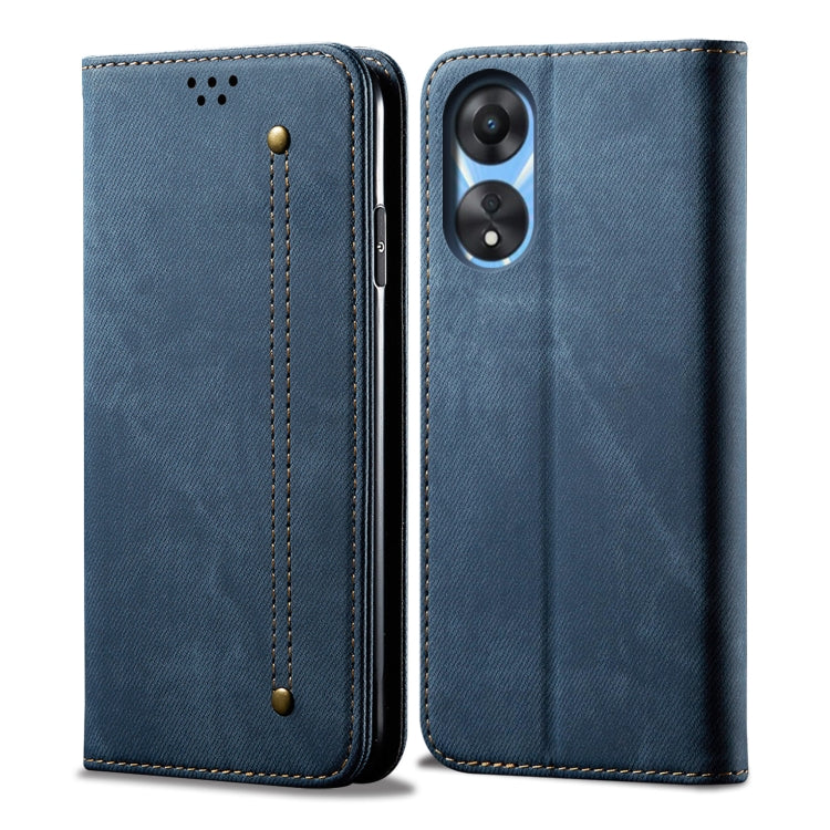 Denim texture leather phone case, blue, stitched flap with camera cutout