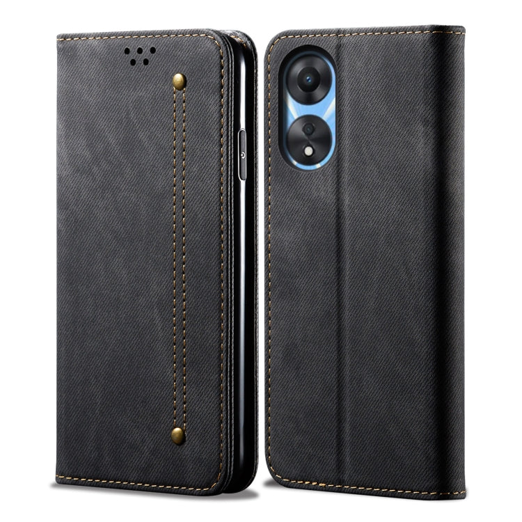 Denim texture leather phone case, dark blue, stitched front with dual camera cutout
