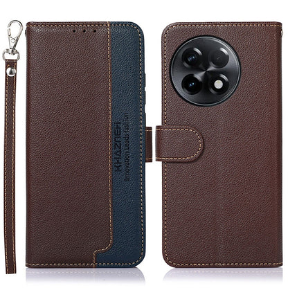 Textured leather folio phone case with camera cutout, card slot, and side lanyard; brown/blue.