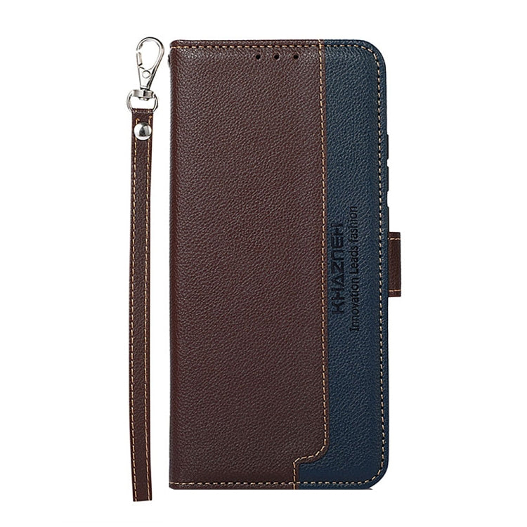 Textured leather folio phone case with camera cutout and side lanyard; brown with blue back panel.