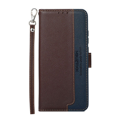 Textured leather folio phone case with camera cutout and side lanyard; brown with blue back panel.