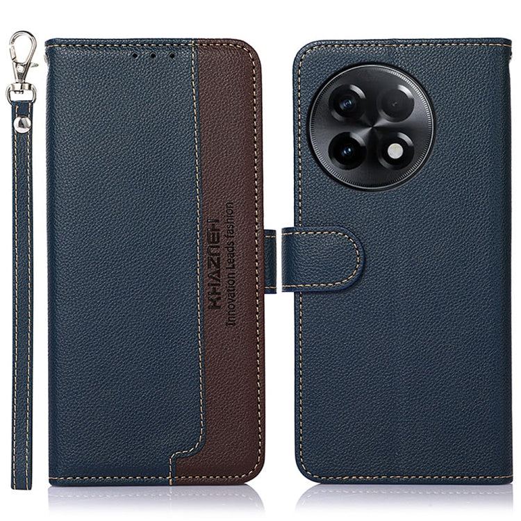Textured leather folio phone case with camera cutout, card slot, and side lanyard; blue/brown.