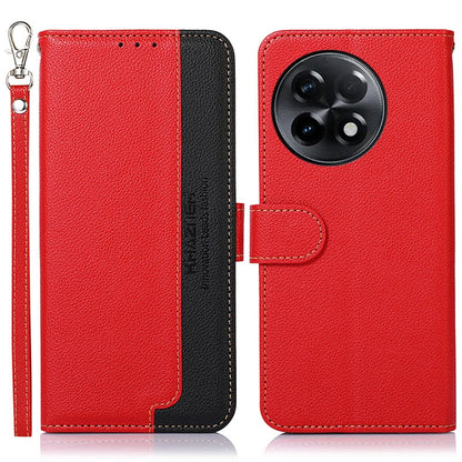 Textured leather folio phone case with camera cutout, card slot, and side lanyard; red/black.