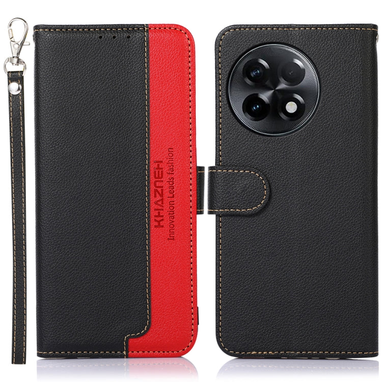 Textured leather folio phone case with camera cutout and card slot; black with red trim, side lanyard.