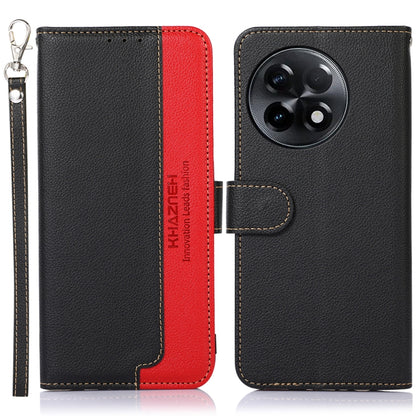 Textured leather folio phone case with camera cutout and card slot; black with red trim, side lanyard.