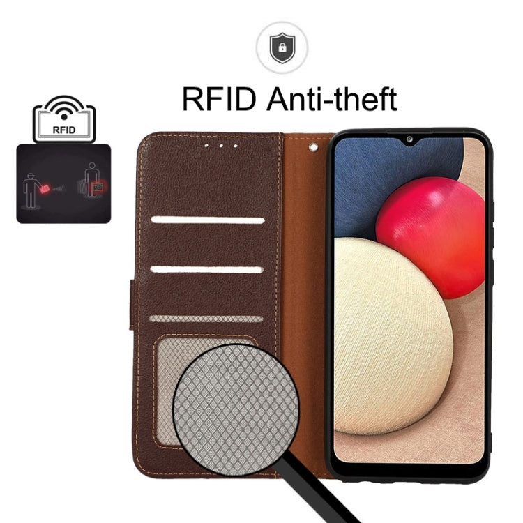 RFID anti-theft litchi leather phone case with front card pocket and camera access
