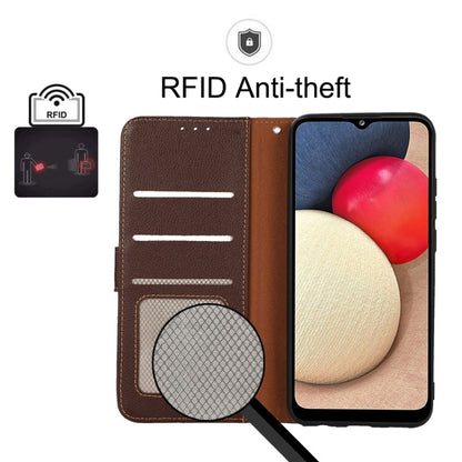 RFID anti-theft litchi leather phone case with front card pocket and camera access