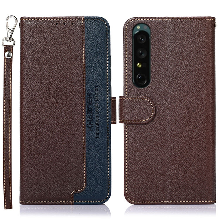 Textured leather folio phone case with camera cutout, card slot, and side lanyard; brown/blue.