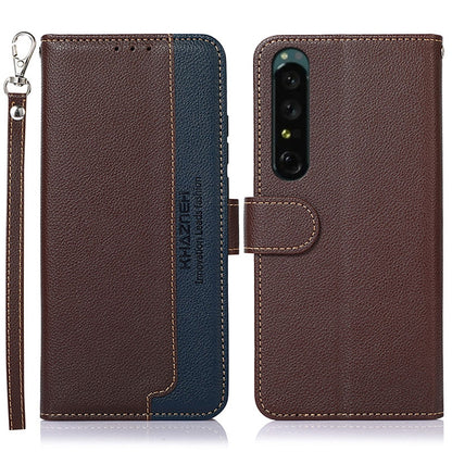 Textured leather folio phone case with camera cutout, card slot, and side lanyard; brown/blue.