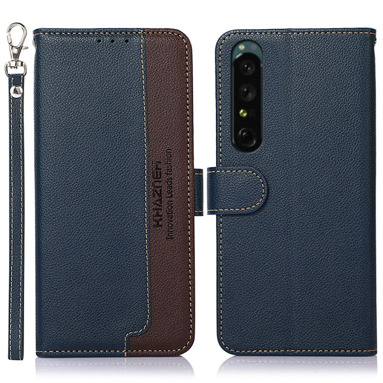 Textured leather folio phone case with camera cutout and card slot; blue with brown interior panel.