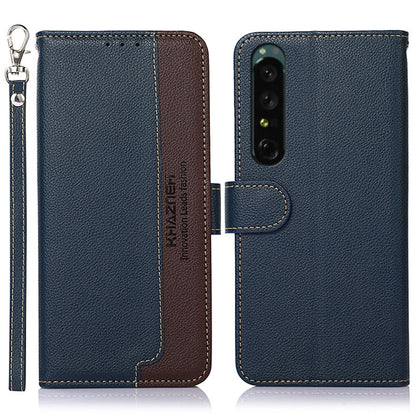 Textured leather folio phone case with camera cutout and card slot; blue with brown interior panel.