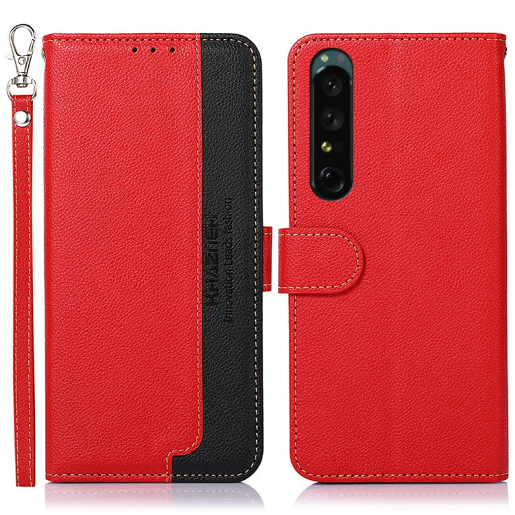 Textured leather folio phone case with camera cutout and card slot; red with dark interior panel.