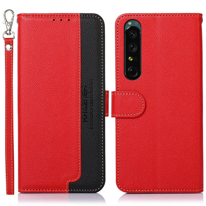 Textured leather folio phone case with camera cutout and card slot; red with dark interior panel.