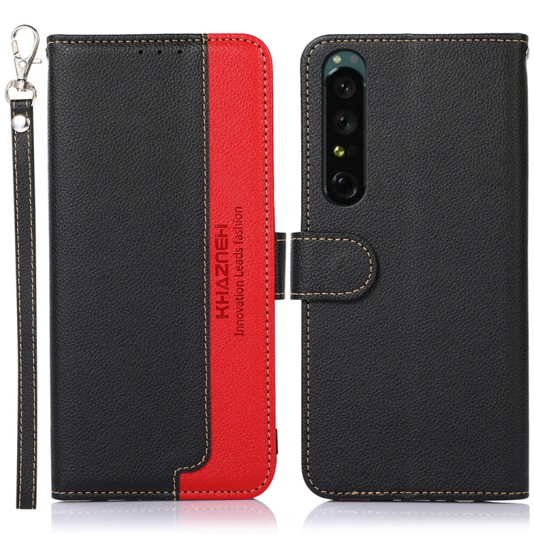 Textured leather folio phone case with camera cutout and card slot; black with red trim and lanyard.