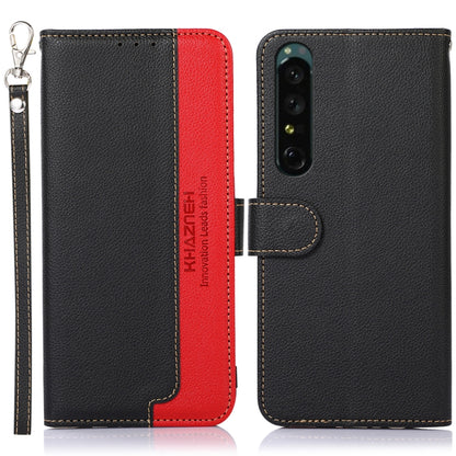 Textured leather folio phone case with camera cutout and card slot; black with red trim and lanyard.