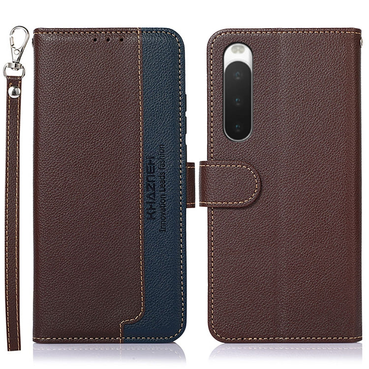 KHAZNEH RFID litchi leather phone case, brown with dark blue accents and key ring strap