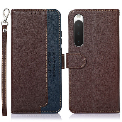 KHAZNEH RFID litchi leather phone case, brown with dark blue accents and key ring strap