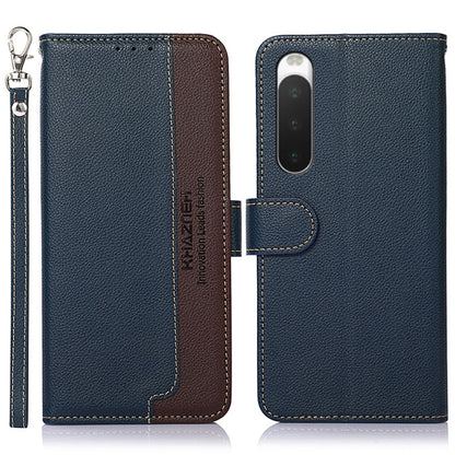 KHAZNEH RFID litchi leather phone case, blue with brown accents and key ring strap