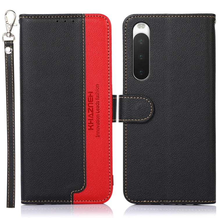 KHAZNEH RFID litchi leather phone case, black with red accents and key ring strap