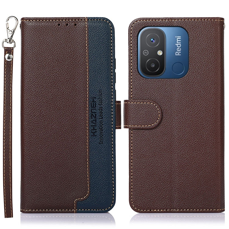 KHAZNEH RFID litchi leather phone case, brown with dark blue accents and camera cutout