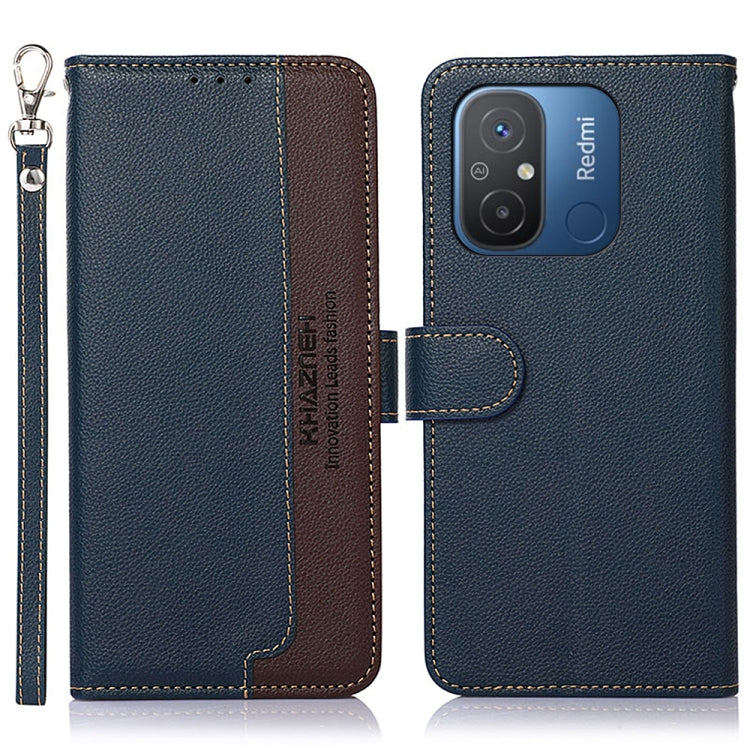 KHAZNEH RFID litchi leather phone case, blue with brown accents and camera cutout