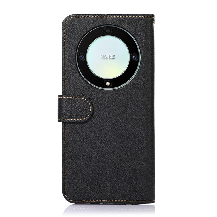 Black RFID leather phone case with circular camera cutout and flip cover