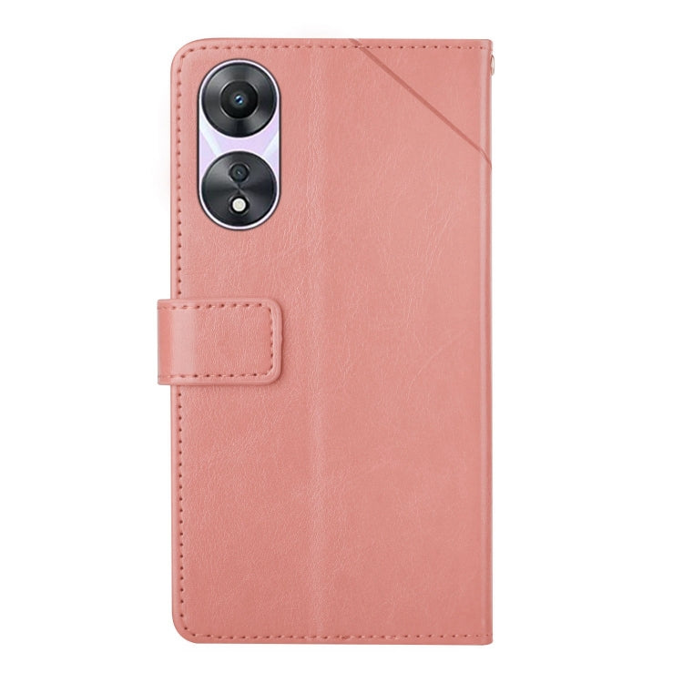 Pink flip leather phone case with Y pattern, camera window, and front flap