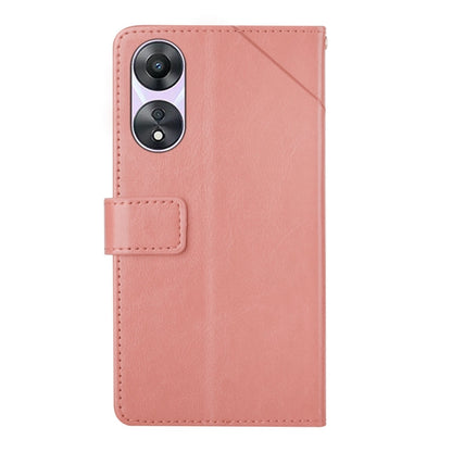 Pink flip leather phone case with Y pattern, camera window, and front flap