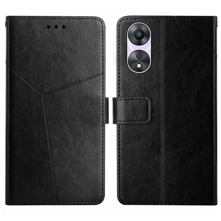 Black flip leather phone case with Y geometric pattern and camera cutout