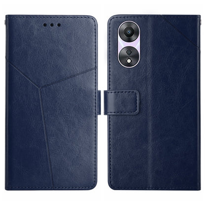 Blue flip leather phone case with Y geometric pattern and camera cutout