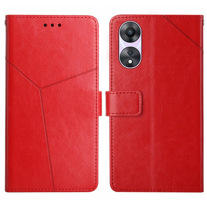 Red flip leather phone case with Y pattern, front flap, and camera window