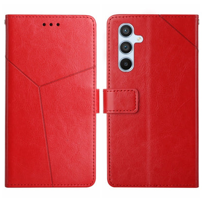 Red Y-pattern flip leather phone case with front flip cover and camera cutout