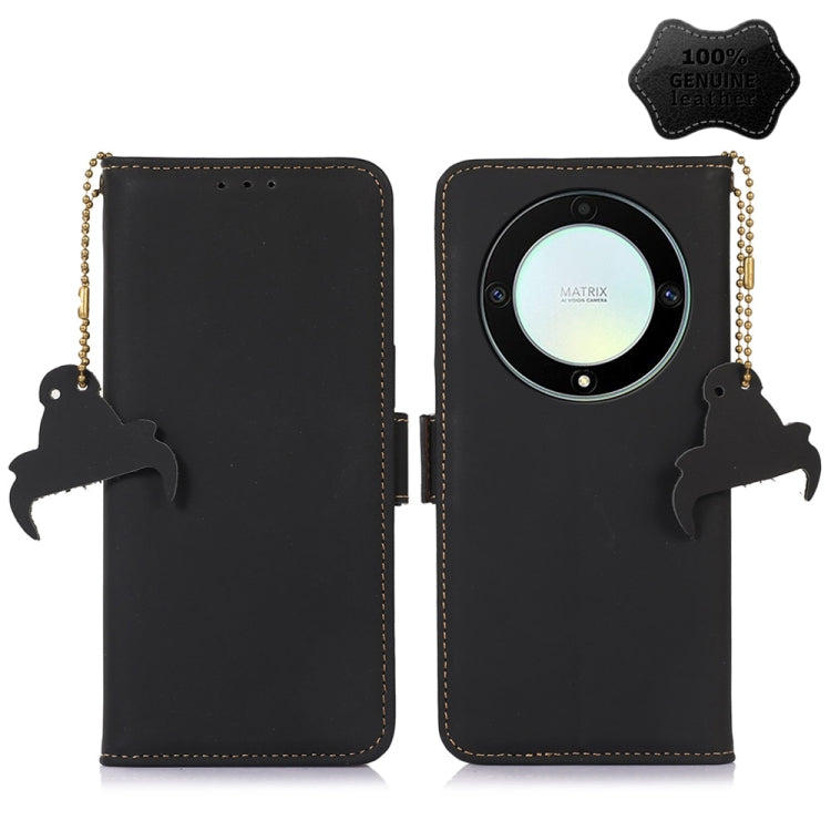 Black genuine leather magnetic RFID phone wallet case with folio flap and camera cutout