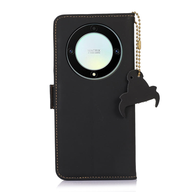Black leather phone wallet case with camera cutout and decorative chain charm