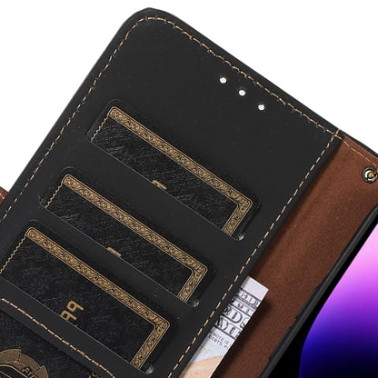 Black leather phone wallet case interior with card slots and stitched pocket details