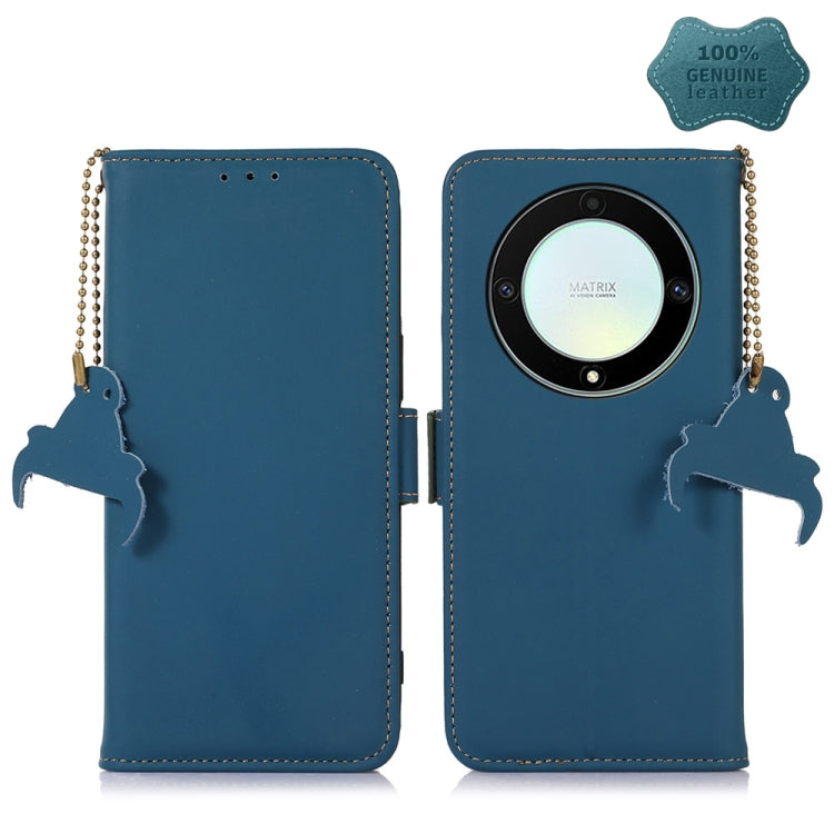 Blue genuine leather magnetic RFID phone wallet case with folio flap and camera cutout