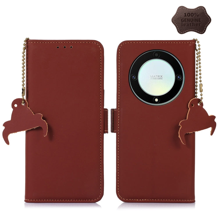 Coffee brown genuine leather RFID phone case with magnetic closure, beaded strap, camera window