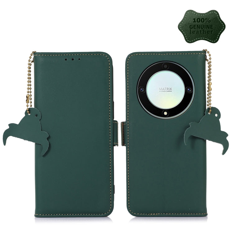 Green genuine leather RFID phone case with magnetic closure, beaded strap, camera window