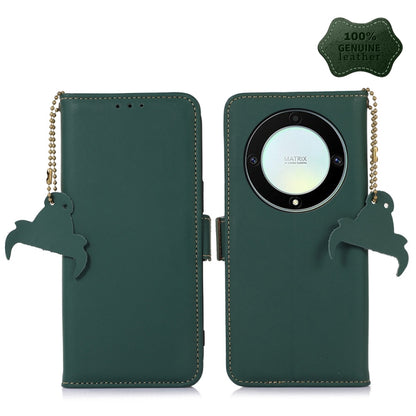 Green genuine leather RFID phone case with magnetic closure, beaded strap, camera window