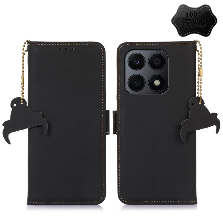 Black genuine leather magnetic RFID phone wallet case with camera cutout and charm