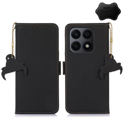 Black genuine leather magnetic RFID phone wallet case with camera cutout and charm