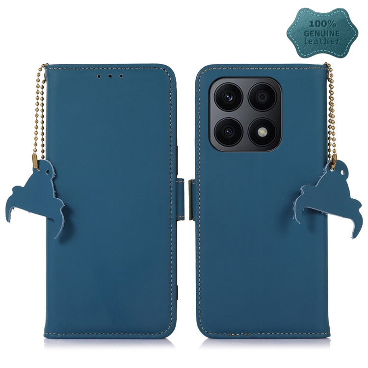 Blue genuine leather RFID phone case with magnetic closure, beaded strap, camera window
