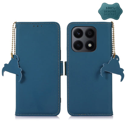 Blue genuine leather RFID phone case with magnetic closure, beaded strap, camera window
